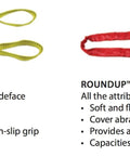 Image showing two lifting slings: yellow Pro-Edge web sling and red Roundup roundsling with features listed beside each.