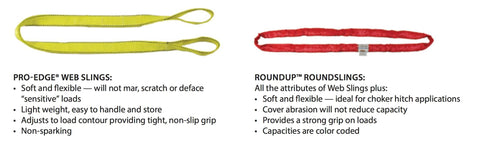 Image showing two lifting slings: yellow Pro-Edge web sling and red Roundup roundsling with features listed beside each.