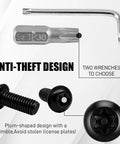 Heavy Duty Stainless Steel Anti Theft License Plate Screws And Security Bolts For Cars Built Tough With Rugged Black Coating Auto Tag Mounting Hardware Kit  includes two wrenches and anti-theft screws.