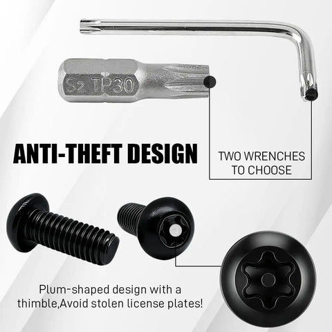 Heavy Duty Stainless Steel Anti Theft License Plate Screws And Security Bolts For Cars Built Tough With Rugged Black Coating Auto Tag Mounting Hardware Kit  includes two wrenches and anti-theft screws.