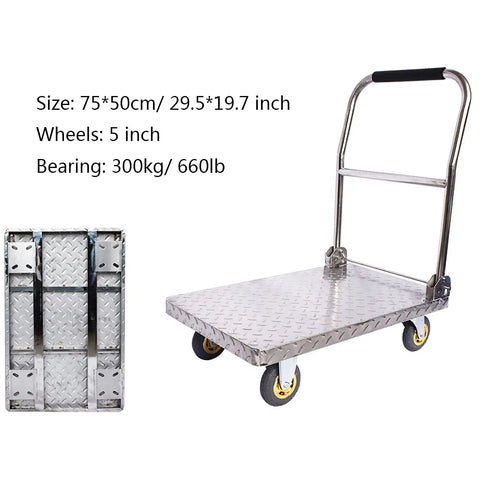 Heavy Duty Steel Platform Truck Cart With Foldable Handle And Silent Swivel Wheels for easy transport of heavy loads, 75x50cm