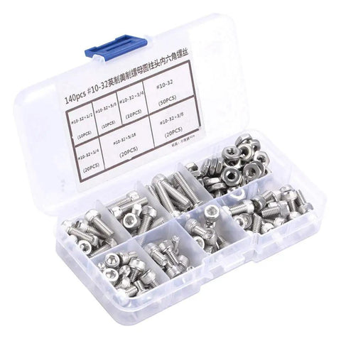 Super Cool Hex Socket Cap Screw Assortment Kit For Quick Projects With 140 Pieces Including Six Sizes Of 10-32 Screws Plus Matching Nuts.