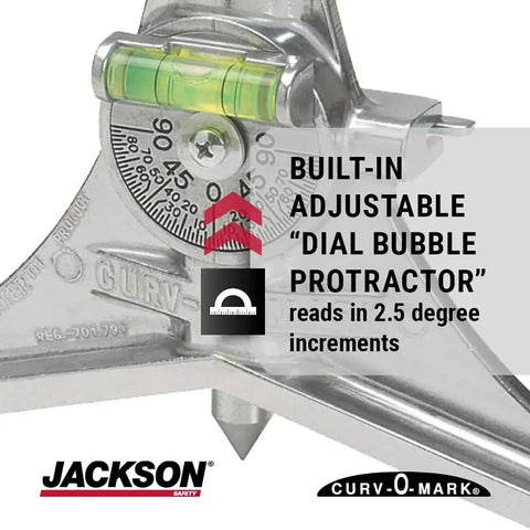 Close-up of Pipe Marker Centering Tool With Eight Inch Y Type Head For Center Lines And Angle Marks In Pipes And Tanks Curv O Mark Jumbo 7 Edition featuring adjustable protractor and bubble level.