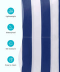 Large Waterproof Sandproof Beach Tote Bag With Zipper, navy blue stripes showing lightweight, waterproof, oil-resistant features.