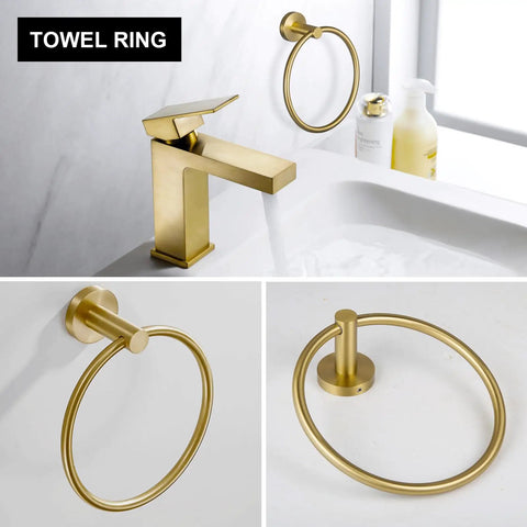 Dope Brushed Gold 5-Piece Bathroom Hardware Set With 23.6 Inch Towel Bar, Toilet Paper Holder, Two Robe Hooks, Towel Ring And Mounting Kit, Stainless Steel Wall Mounted Rack Set For Modern Bath Renovations shown with gold towel ring detail