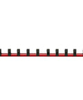 One Half Inch Drive Pinless Universal Swivel Impact Socket Set with 10 socket holders on red rail, empty; chrome-moly steel display