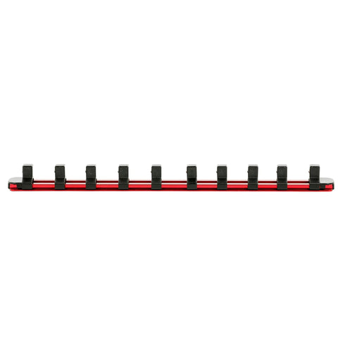 One Half Inch Drive Pinless Universal Swivel Impact Socket Set with 10 socket holders on red rail, empty; chrome-moly steel display