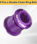Close-up of Five Piece Double Chain Ring Bolts M8 Aluminum Alloy Bicycle Crankset Nuts Chainring Screws Purple for road bike