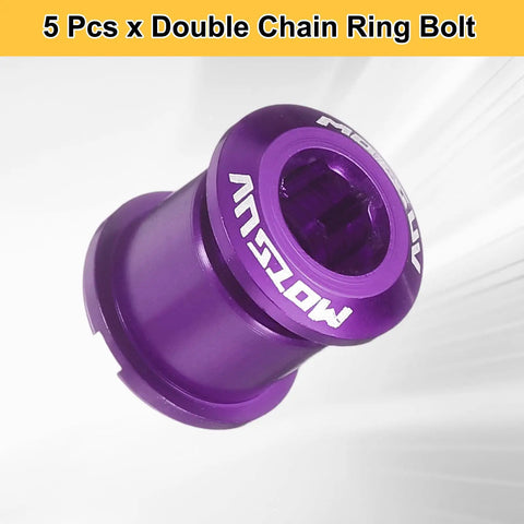 Close-up of Five Piece Double Chain Ring Bolts M8 Aluminum Alloy Bicycle Crankset Nuts Chainring Screws Purple for road bike