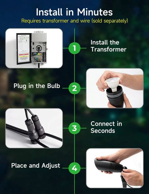 Smart RGBCW 12V Landscape Lighting Kit installation steps showing transformer, bulb connection, and outdoor adjustment.