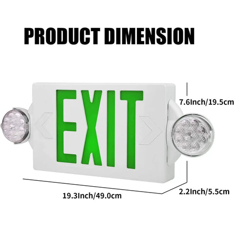 LED Emergency Light And Exit Sign Combo With Back Up Battery Green Exit Sign UL Certified dimensions visible