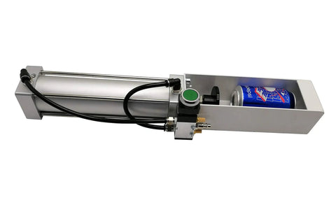 Beefy Pneumatic Can Crusher For Aluminum Cans With Metal Frame Eco Friendly Recycling Tool Crushes Soda And Beer Cans Up To 2.8 Diameter And 7.1 Long Plug And Play Air Fitting 90 To 120 PSI shown with soda can