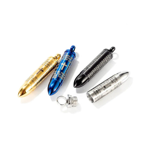 Gold Bullet Pendant Necklace With Engraved Cross And Bible Charm Premium Stainless Steel Unisex Jewelry displayed in gold, blue, black, and silver.