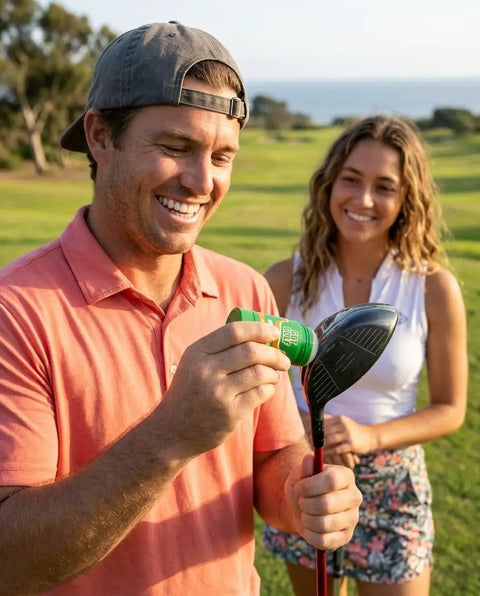 Man applying Anti Slice Golf Rub For Drivers And Hybrids Fix Your Slice Instantly Hit Straighter And Longer Drives Reduce Spin