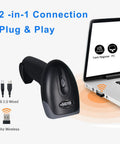 Wireless Handheld Barcode Scanner 1D 2D QR Reader With 2000mAh Battery near laptop showing connectivity options
