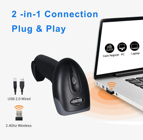 Wireless Handheld Barcode Scanner 1D 2D QR Reader With 2000mAh Battery near laptop showing connectivity options