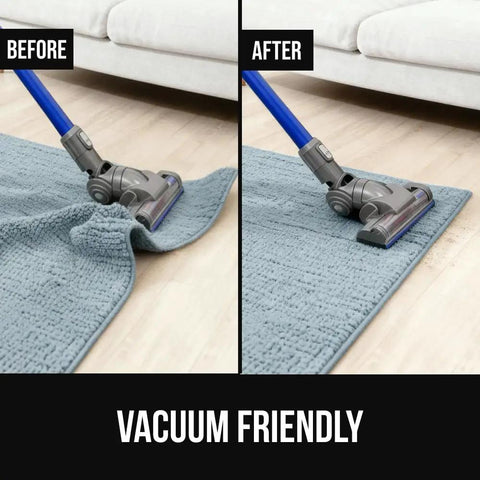 Before and after using Extra Wide Dual Sided Rug Gripper Pads for hardwood; rug stays flat under vacuum on tile floor.