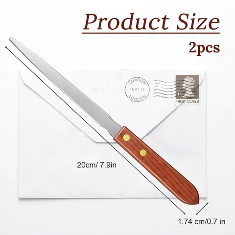 Two Pack Letter Openers With Wood Handle And Stainless Steel Blades For Grab And Go Envelope Slitters on envelope.