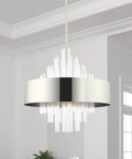 Sleek 10 Light Polished Nickel Pendant Chandelier Featuring Clean Drum Shade And Sparkling Clear Crystal Rods hanging in modern interior.