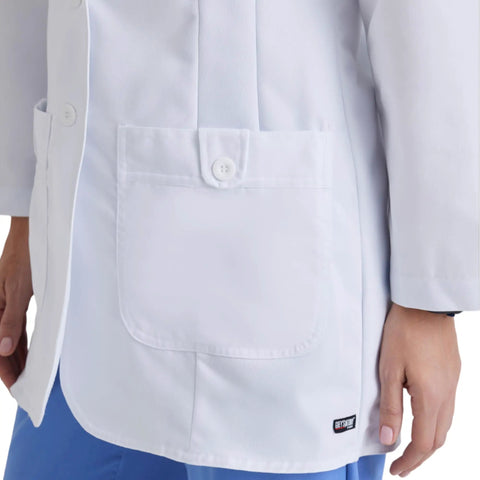 Close-up of Missy White Lab Coat with Back Tab Two Pockets Button Closure Tagless Inside Label Small Size