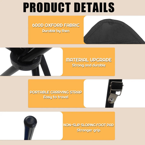 Travel Folding Camping Stool Portable Tripod Chair For Outdoors Fishing Picnic Beach Mountaineering Garden Lawn Camping Gear details with 600D fabric, sloping foot pad, and carrying strap