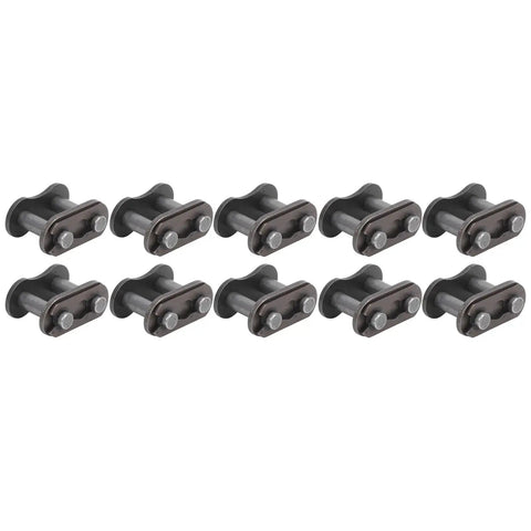 Ten Pack 428 Roller Chain Master Links Heavy Duty Steel Motorcycle Chain Connectors in a row for easy assembly and reuse.