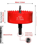 Amazon hole saw, HSS bi-metal, 86mm diameter, red body with 10mm triangle shank