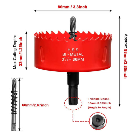 Amazon hole saw, HSS bi-metal, 86mm diameter, red body with 10mm triangle shank
