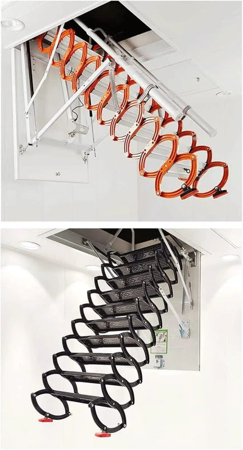 Electric Attic Ladder Remote Control Folding Telescoping Loft Stairs Pull Down Design Silver showing flexible steps for easy access.