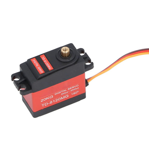 Bulletproof Digital Servo Motor 20kg Torque With Durable Metal Gearbox For RC Builds And Drone Gimbals showing compact design with gear and wires.