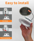 Peteme E26 Retrofit LED Recessed Lighting 4 Inch, IC Rated ETL Certified installation guide showing E26 base and connector.