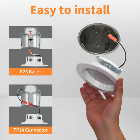 Peteme E26 Retrofit LED Recessed Lighting 4 Inch, IC Rated ETL Certified installation guide showing E26 base and connector.