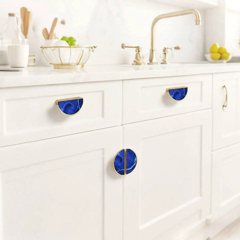 2 Pack Monochrome Blue Fluid Swirl Cabinet Pulls With Gold Semicircle Drawer Handles 3 Inch displayed on white cabinets