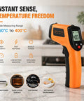 Non Contact Infrared Thermometer Gun With Laser Pointer And Backlit LCD Fast Half Second Readings From Minus 58 To 752 Degrees Fahrenheit Built For Cooking HVAC And Auto DIY Boss Level Quick Readouts on countertop