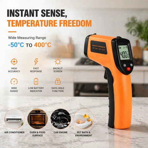 Non Contact Infrared Thermometer Gun With Laser Pointer And Backlit LCD Fast Half Second Readings From Minus 58 To 752 Degrees Fahrenheit Built For Cooking HVAC And Auto DIY Boss Level Quick Readouts on countertop
