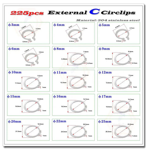 Chart displaying sizes of C-Clip Retaining Rings 50 Pack External Circlips Stainless Steel 304 Shaft Snap Rings Set