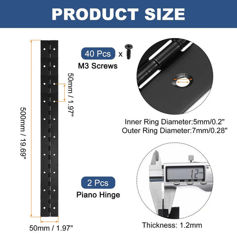 Heavy Duty Black 304 Stainless Steel Piano Hinges 20X2 Inch Continuous Door Hinges With Pre Drill Holes For Gates Cabinets Boats And Storage Boxes Built Tough For Smooth Sailing Swings 2 Pack dimensions and screw details.