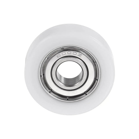 Top view of a Two Pack 10x35x11mm Roller Idler Bearing Pulley For Conveyor Systems White PU Wheel, Low Noise, Low Vibration, High Precision