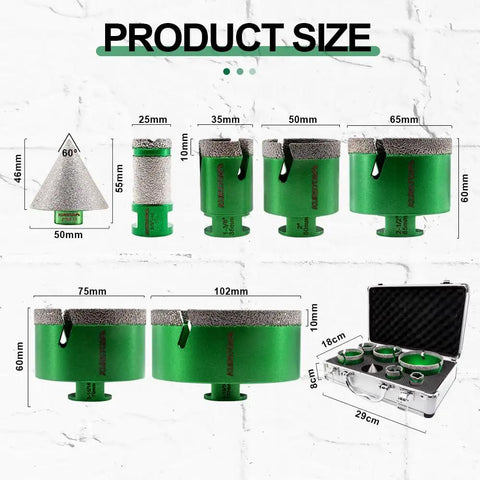 Kurstol 11 Piece Diamond Tile Hole Saw Kit With Beveling Bit And Cutting Disc For Porcelain Ceramic Granite Marble Heavy Duty Vacuum Brazed Core Drill Bits Easy To Use showing product sizes and dimensions.