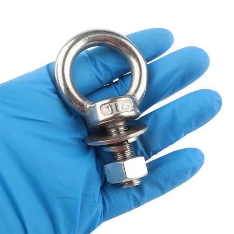 Close-up of 4 Pack 3/8 X 1 Eye Bolts with Nuts Stainless Steel, including flat and spring washers, held in hand for rigging.