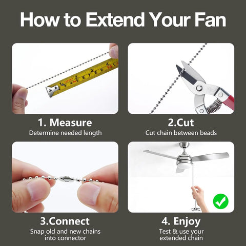 How to Extend Your Fan: Measure, cut, connect, and enjoy new length of Sweet Copper Ceiling Fan Pull Chain Extender Set With Frosted Glass Bulb And Blade Charm Ornament Silver Tone For Easy Peasy Diy Installation Total Home Upgrade And Zero Hassle.