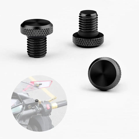 3 Pack Universal Motorcycle Mirror Hole Plugs M10 Thread Tough As Nails Aluminum Handlebar End Caps For Custom Biker Rides And Dope Custom Looks In Matte Black, showing three caps with textured edges.