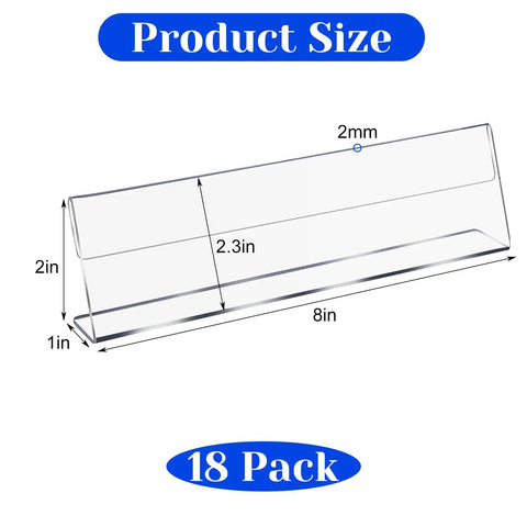 Pack Of 18 Clear Acrylic Desk Name Plates 2 By 8 Inches Blank Customizable Horizontal Slant For Office Conference Business Event Or School Classroom Great For Offices And Classrooms with size dimensions displayed