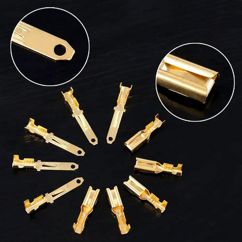 Golden crimp terminals from 580 Piece Wire Connector Kit With 2.8mm Pitch Male And Female Plug Housings Pin Headers And Crimp Terminals