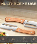 Two Pack 2 In 1 Veggie Peeler And Bottle Opener With Stainless Steel Blade And Wooden Handle on kitchen counter.