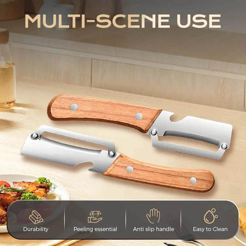 Two Pack 2 In 1 Veggie Peeler And Bottle Opener With Stainless Steel Blade And Wooden Handle on kitchen counter.