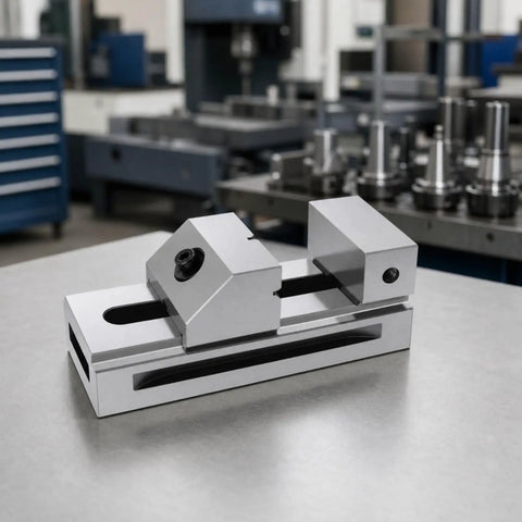 Precision Swivel Vise For Milling And Grinding, sturdy alloy steel tool on a workshop table, ideal for precise machining.