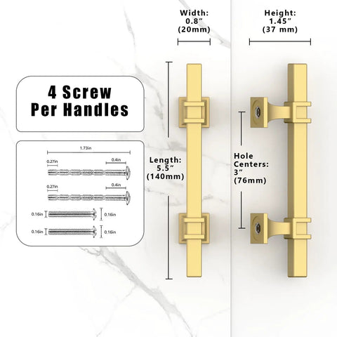 Diagram of Brushed Gold Cabinet Pulls 3 Inch 76mm, 10 Pack Kitchen Drawer Handles with measurements and screws