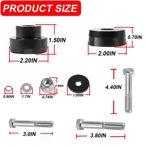 Beefed Up Billet Aluminum Body Mount Bushings Kit For Camaro Nova Chevy II 1968 1981 dimensions and components display.