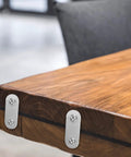 Stainless Steel Flat Straight Bracket Set For Furniture And Cabinets Heavy Duty Corner Brace Plates installed on a wooden table edge
